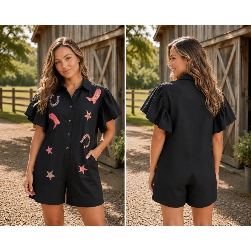 Coastal Cowgirl 100% Cotton Western Puff Sleeve Button Romper L Black ODDI NWT - Picture 2 of 9
